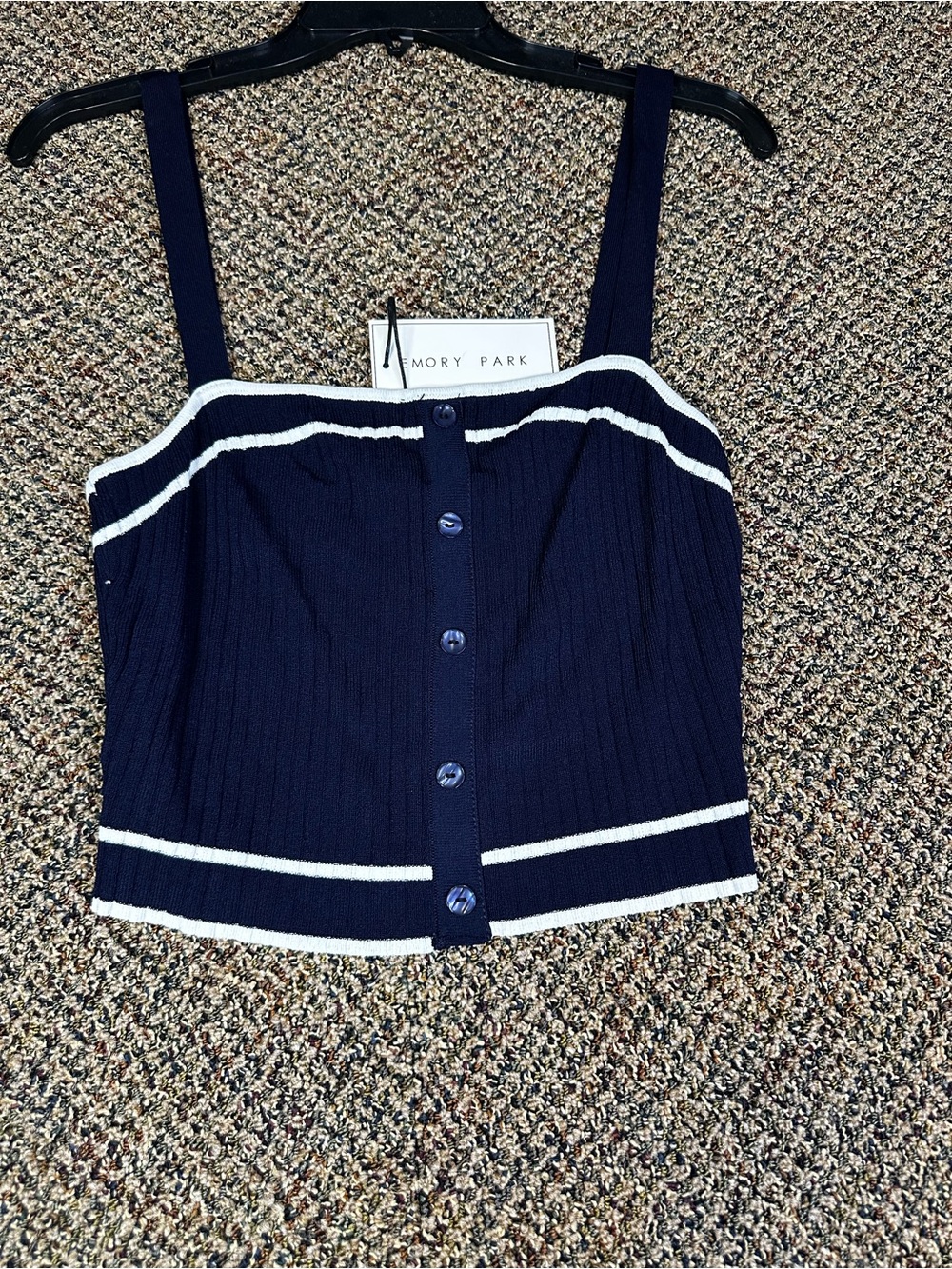 emory park Navy Blue and White Ribbed Button-Front Cropped Cami